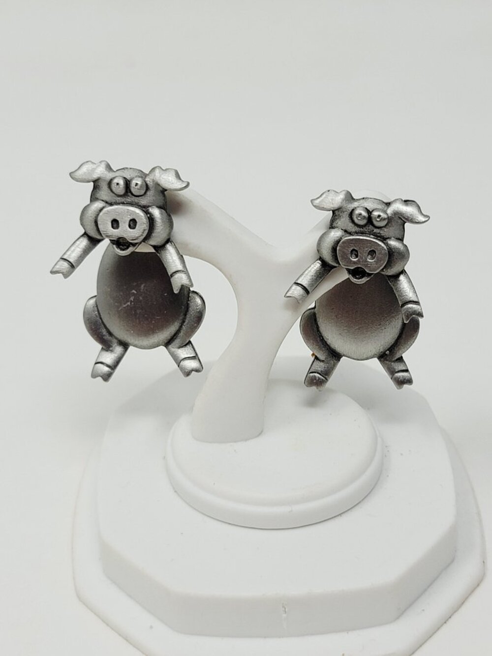 Vintage JJ Jonette Pewter Pig Dangle Post Earrings Cute Farm Animal Earrings